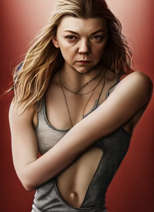 Image similar to full length photo of a very sweaty Natalie Dormer in a wet tanktop in the style of stefan kostic, full extremely slim body, not realistic, sharp focus, 8k high definition, insanely detailed, intricate, elegant, art by stanley lau and artgerm