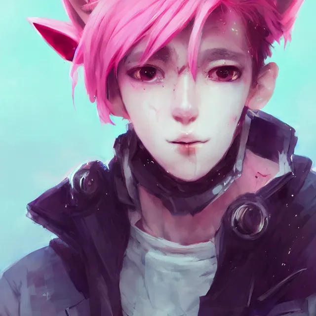 Image similar to a beautiful headshot portrait of a cute anime male boy with pink hair and pink wolf ears and green eyes wearing cyberpunk clothes. character design by cory loftis, fenghua zhong, ryohei hase, ismail inceoglu and ruan jia. artstation, volumetric light, detailed, photorealistic, fantasy, rendered in octane