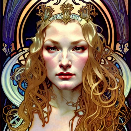 Prompt: realistic detailed face portrait of Veronica Lake as Guinevere by Alphonse Mucha, Ayami Kojima, Yoshitaka Amano, Charlie Bowater, Karol Bak, Greg Hildebrandt, Jean Delville, and Mark Brooks, Art Nouveau, Pre-Raphaelite, Gothic Revival, exquisite fine details, 4k resolution