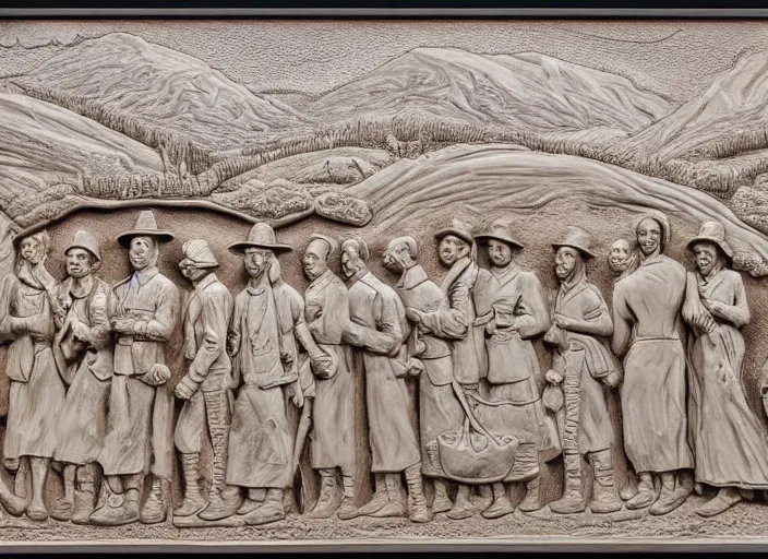 Image similar to intricate bas relief sculpture of mormon pioneers