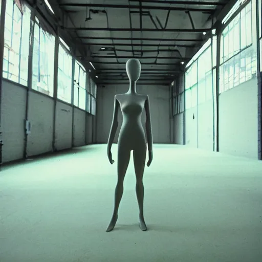 Prompt: empty warehouse room with a lone female mannequin in front of the camera cinestill liminal 7 0's film