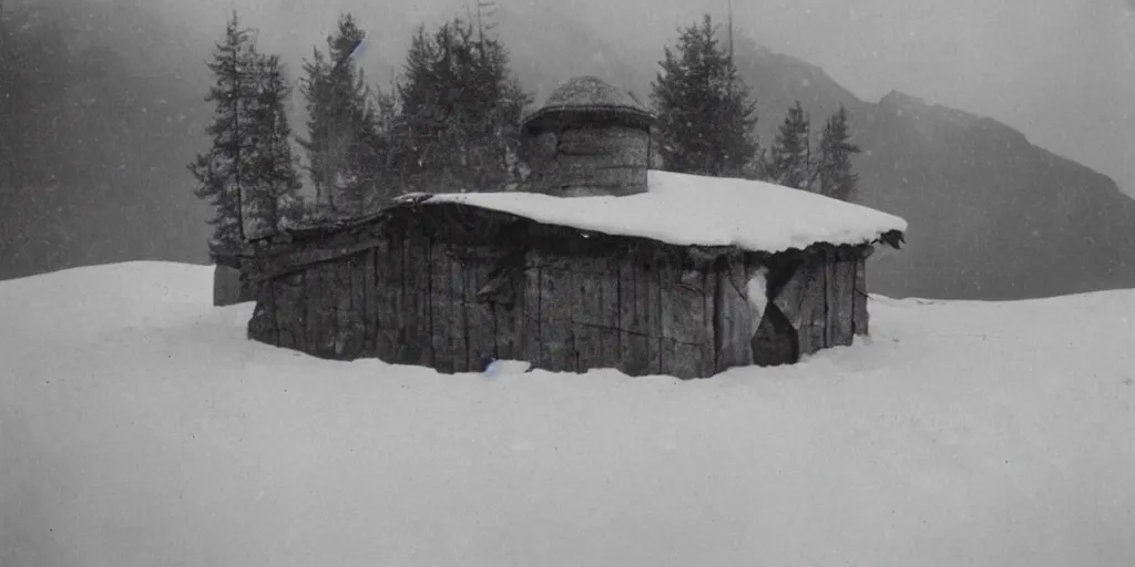 Image similar to 1 9 2 0 s photography of hut in the alps being submerged in snow