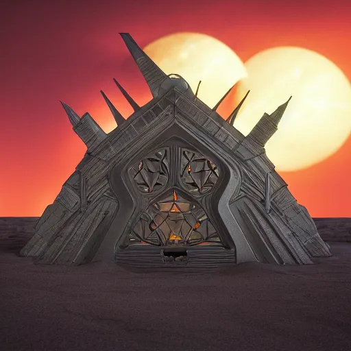 Image similar to house harkonnen from dune designed by hr giger moebius leonardo da vinci anton la vey and yasushi nirasawa, octane render, photorealistic, hdr, volumetric lighting, bokeh, sunset peeking through angular windows, advanced architectural design with led light background, glowing small red diodes, menacing design, 8 k - w 9 6 0