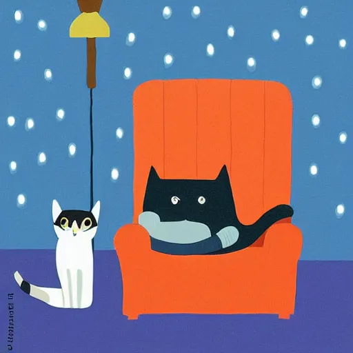 Prompt: cat sitting on sofa watching TV in night by Ori Toor