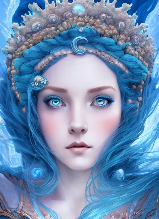 Prompt: highly detailed ilustration of a beautiful blue haired woman as a deep sea princess in a coral city of deep sea, deep focus, d & d, fantasy, intricate, elegant, highly detailed, digital painting, artstation, concept art, matte, sharp focus, illustration, hearthstone, art by artgerm and greg rutkowski and alphonse mucha