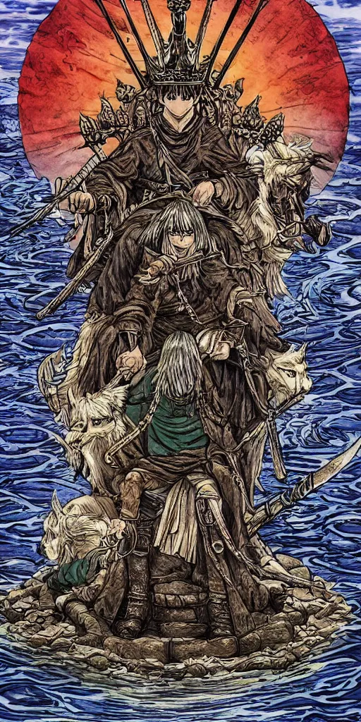 Image similar to a single highly detailed lone king sitting on a throne floating on water in the middle of a lake drawn by Makoto Yukimura in the style of Vinland saga anime, full color, detailed,