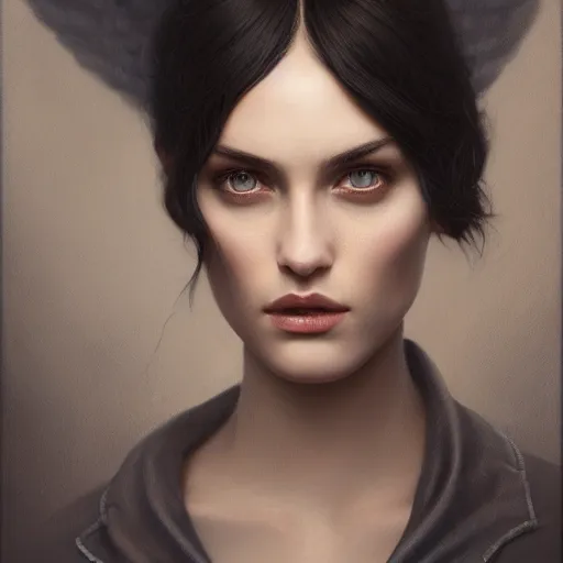 Image similar to tom bagshaw portrait, beautiful portrait of a woman with angel eyes in a suit, hair under a baseball cap, professionally retouched, focus eyes, ultra realistic soft painting, insanely detailed linework, symmetrical accurate intricate features, behance, 8 k