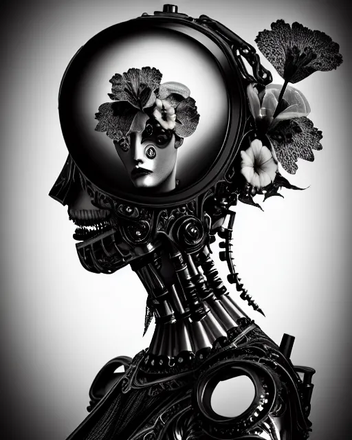 Image similar to black and white dreamy foggy smoky profile face portrait, one silver steampunk eye biomechanical beautiful young female cyclope - cyborg - robot bust, body ribs meshes,, volumetric light, hibiscus flowers, by hg giger, rim light, by dora maar and cecile beaton, big gothic fashion pearl embroidered collar, 8 k