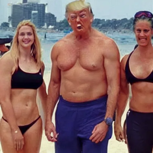 Image similar to extremely buff Donald Trump playing beach volleyball with women,