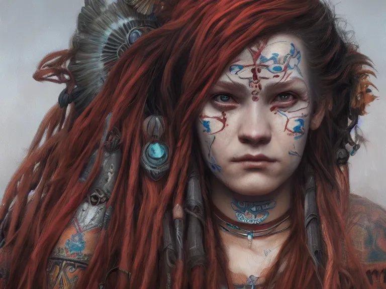 Image similar to a detailed portrait oil painting of a sad shaman girl with long red hair and face tattoos, cinematic, dramatic lighting, intricate artwork by eddie mendoza. Trending on artstation. 8k