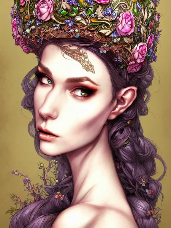 Image similar to digital art, centered elven bride, vivid flower crown ,intricate, veins, by James Jean and by artgerm , ultradetailed, charachter design, concept art, trending on artstation,