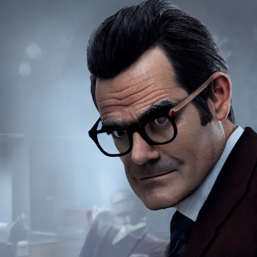 Prompt: Ty Burrell dressed up as the G-Man for Half Life Movie film still, 4k resolution, 8k resolution, HD Quality, highly detailed, very detailed, detailed, studio quality lighting, digital art, trending on artstation, film still