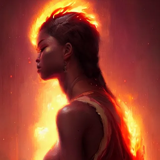 Image similar to a beautiful portrait of a fire goddess with closed eyes by greg rutkowski and raymond swanland, trending on artstation, flaming background, ultra realistic digital art