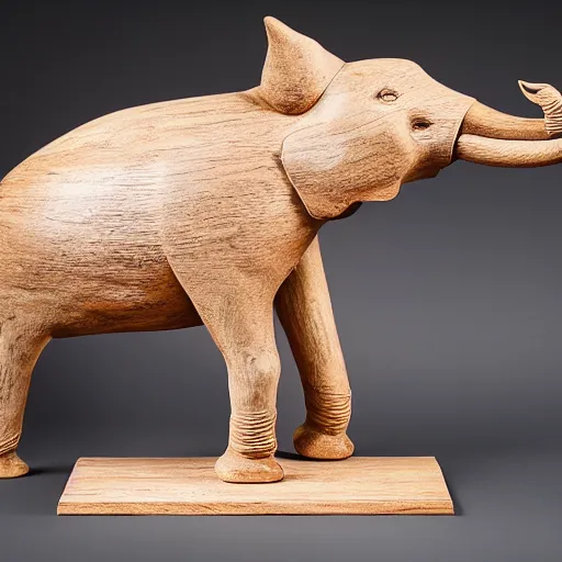 Prompt: a wooden sculpture of a man riding a pig / elephant