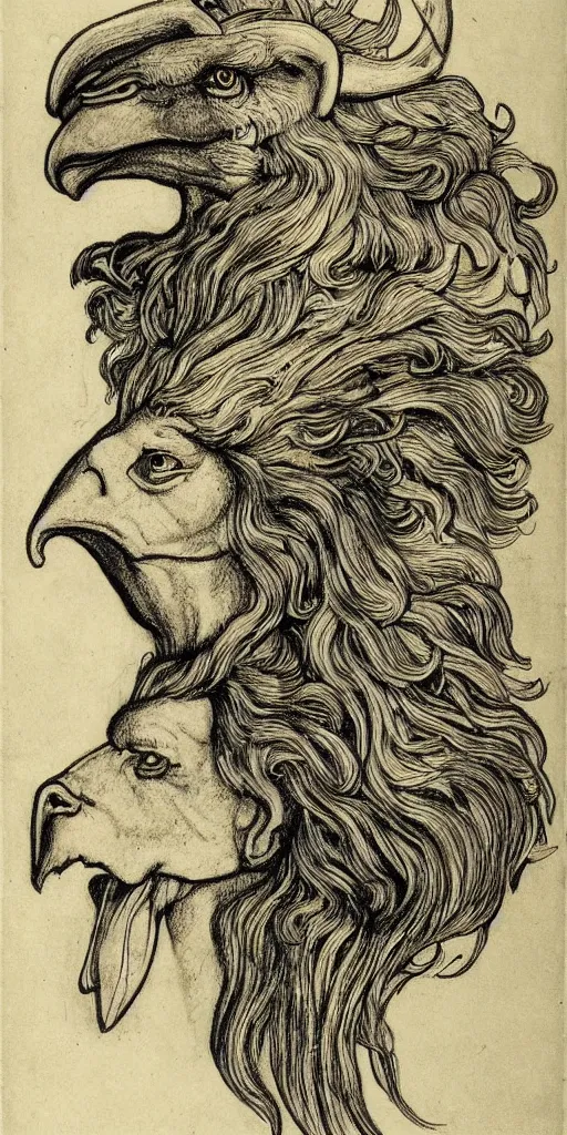 Image similar to human / eagle / lion / ox hybrid. horns, beak, mane, human body. drawn by da vinci