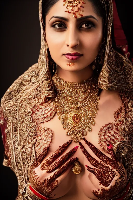 Prompt: a portrait of an indian bride, intricate henna tattoos and jewelery, dynamic pose, close - up, intricate details, intricately detailed clothing and textures, warm lighting, vivid colors, realistic octane render, hyper realistic render, volumetric shading, depth of field, raytracing, 8 k,