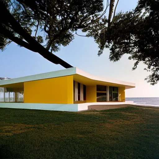 Image similar to architecture ad for a mid-century modern house by the beach designed by Zaha Hadid. Film grain, cinematic, colorized, yellow hue.