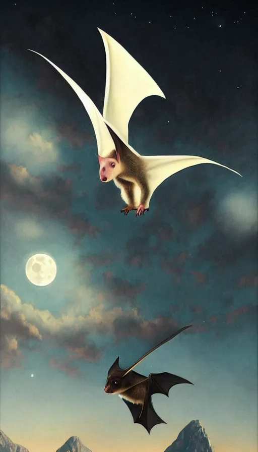 Image similar to hyper realistic white fruit bat, flying against a dark black night sky, mountain in the background, moonlight, denoised, very detailed, painted by, norman rockwell, tom bagshaw