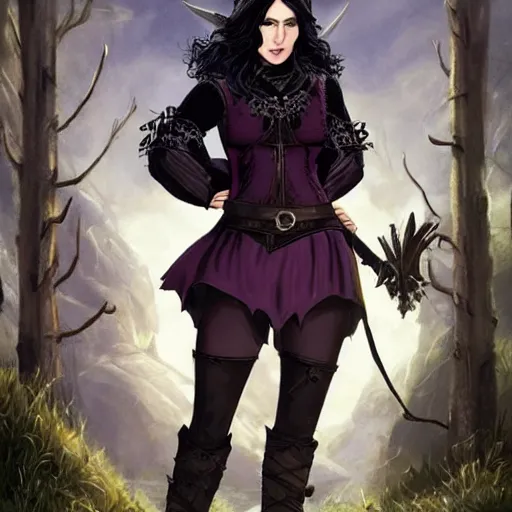 Image similar to yennefer as a medieval fantasy tolkien elf, dark purplish hair tucked behind ears, wearing leather with a fur lined collar, wide, muscular build, scar across the nose, cinematic, character art, real life, 8 k, detailed.