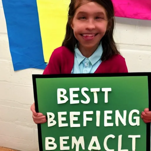 Prompt: award winning photo of the spelling bee champion holding a sign that says best speller