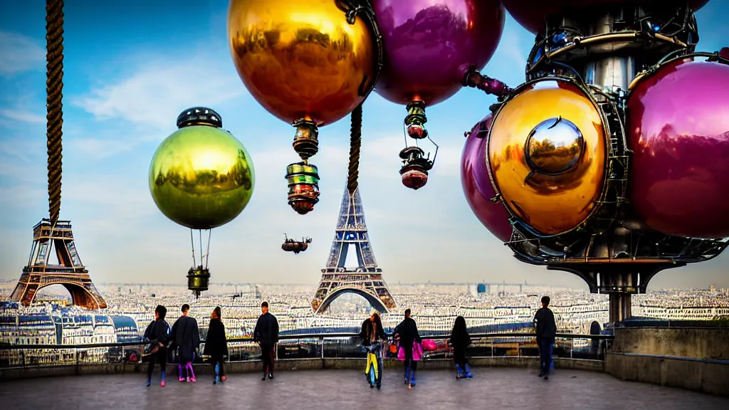 Prompt: large colorful futuristic space age metallic steampunk steam - powered balloons with pipework and electrical wiring around the outside, and people on rope swings underneath, flying high over the beautiful paris city landscape, professional photography, 8 0 mm telephoto lens, realistic, detailed, photorealistic, photojournalism