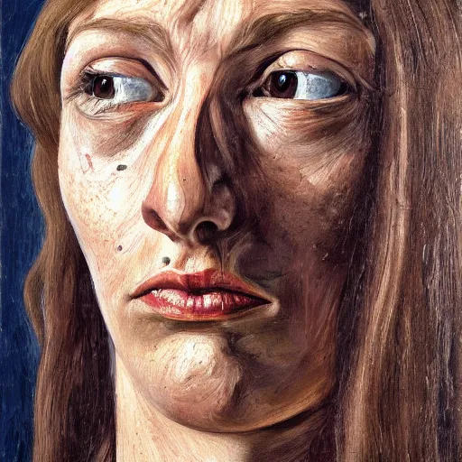 Image similar to high quality high detail painting by lucian freud, hd, long hair confused woman portrait, photorealistic lighting