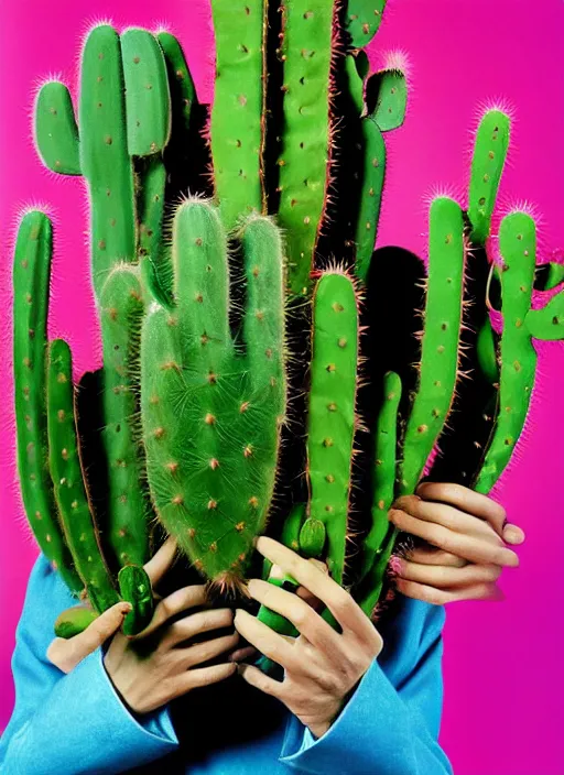 Image similar to extremely detailed studio portrait of hands holding cactuses. surreal photograph, lo - fi, polished look, solid background, silly and serious, hermes ad, fashion photography, toiletpaper magazine by pierpaolo ferrari and maurizio cattelan, 3 5 mm photograph, colourful, david lachapelle, canon eos c 3 0 0, 8 k, medium - format print