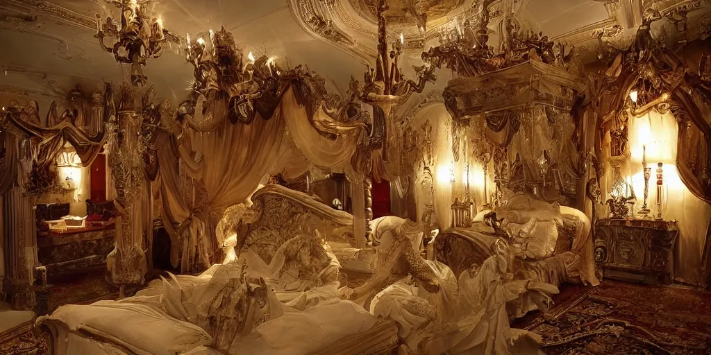 Prompt: monster society priest big bedroom, lavish and over decorated with christian symbols, little bit of gold