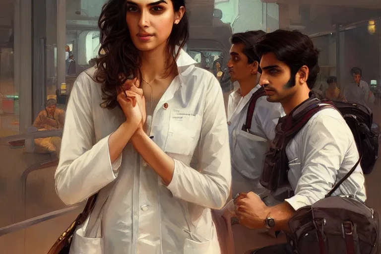 Image similar to Anxious good looking pale young Indian doctors wearing American clothes at the airport, portrait, elegant, intricate, digital painting, artstation, concept art, smooth, sharp focus, illustration, art by artgerm and greg rutkowski and alphonse mucha