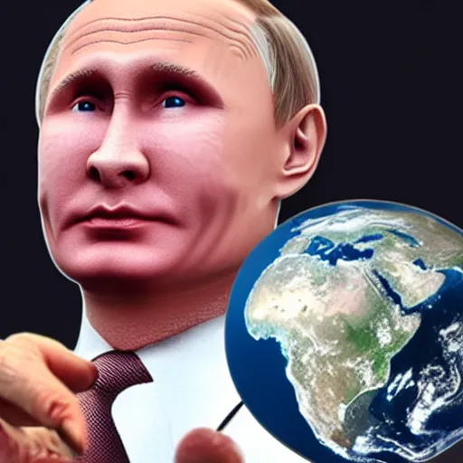 Image similar to photo of robotic putin holding earth in his hands