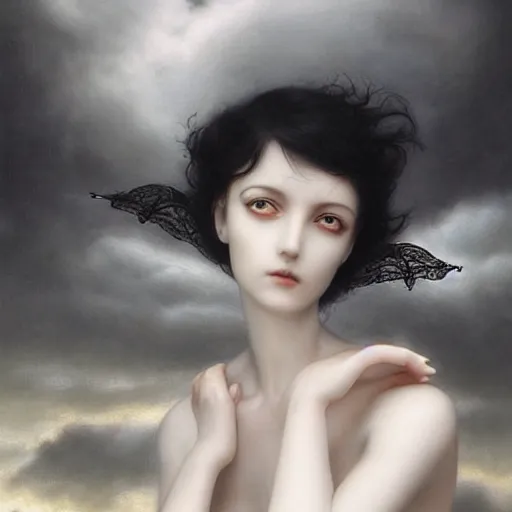 Image similar to By Tom Bagshaw, ultra realist soft painting of a selection of anime miniature fully dressed resin statues with dioramas, symmetry accurate features, very intricate details, ominous sky, black and white, volumetric light clouds