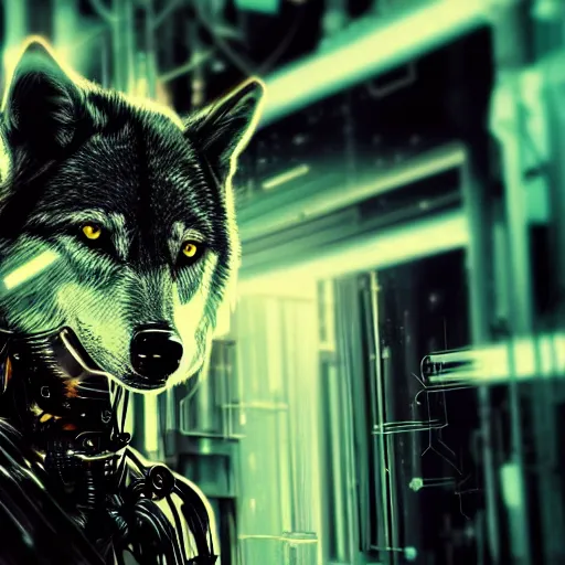 Prompt: portrait of cybernetic wolf, machine, translucent liquid, cyberpunk, robot, mechanical parts, jewelry, editorial photography, neons, blade runner, futuristic style, realistic bokeh and depth of field, award winning, establishing shot