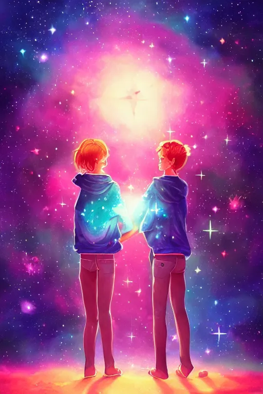 Prompt: zodiac gemini constellation of two kids in the starry sky, two hands, masterpiece epic retrowave art, trending on art station