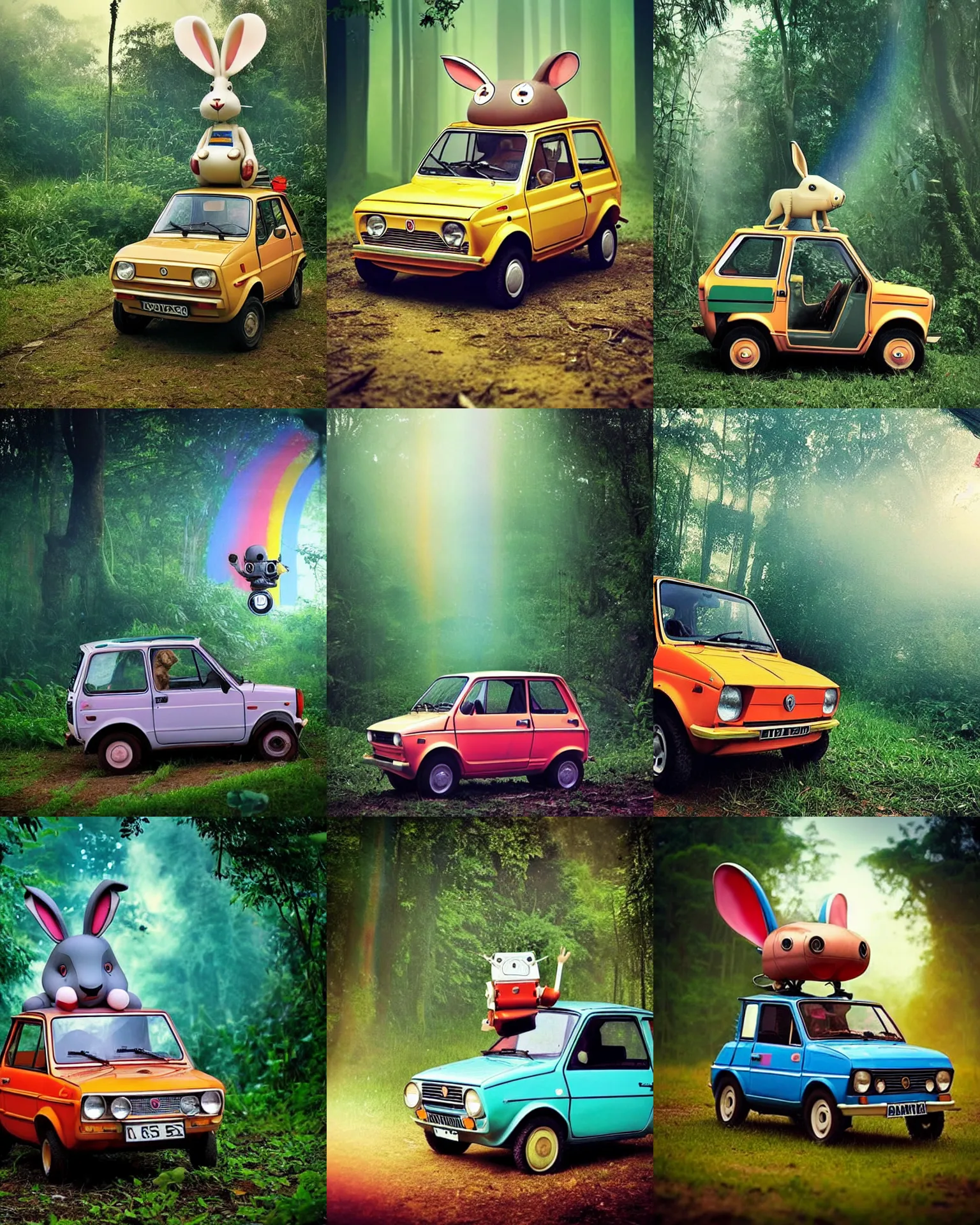 Prompt: fiat 126p!!!giant oversized battle rabbit robot chubby fat mech with big ears as fiat 126p , in jungle forest !!! , full body , sunset , rainbow, Cinematic focus, Polaroid photo, vintage , neutral dull colors, foggy ,by oleg oprisco , by victor enrich , by gregory crewdson , by discovery channel