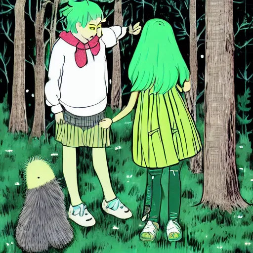 Image similar to a girl with green hair making friends with a dust bunny in the woods in the style of Fujita Tsuguharu w 750