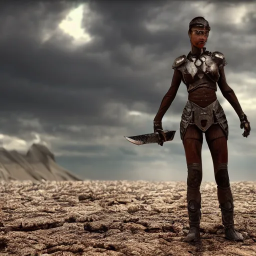 Prompt: beautiful warrior woman, standing in a barren wasteland, futuristic, photo - realistic, octane render, popular on art station