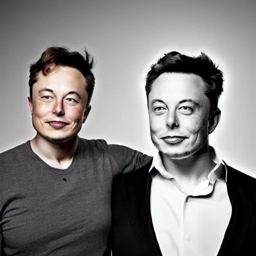 Image similar to A portrait photo of Elon Musk teams up with a teenage Elon Musk, perfect faces, 50 mm, award winning photography