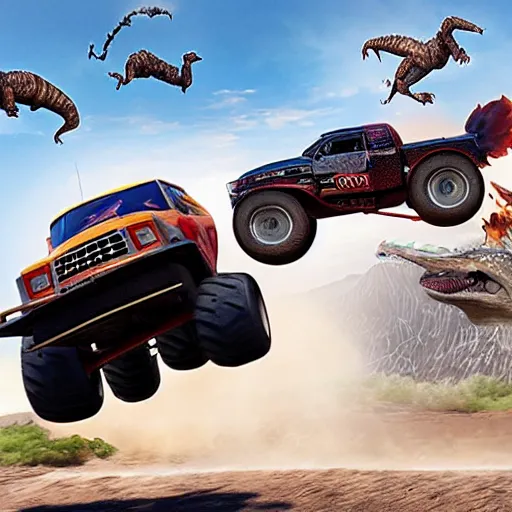 Prompt: Brock Samson fighting a velociraptor on the hood of a monster truck being driven by Hank and Dean at the same time