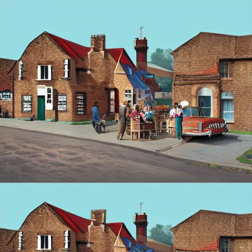 Prompt: digital matte glossy painting nostalgic 1 9 5 0 s ice cream and village britain, detailed in the style of trevor mitchell