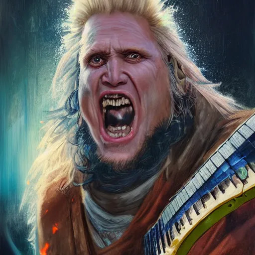 Prompt: detailed photo of a Half-orc bard portrayed by the gigachad Gary Busey with a lute, 8k,by Tristan Eaton, Stanley Artgermm, Tom Bagshaw, Greg Rutkowski, Carne Griffiths, trending on DeviantArt, face enhance, hyper detailed ,full of color, dramatic lightning, epic stance