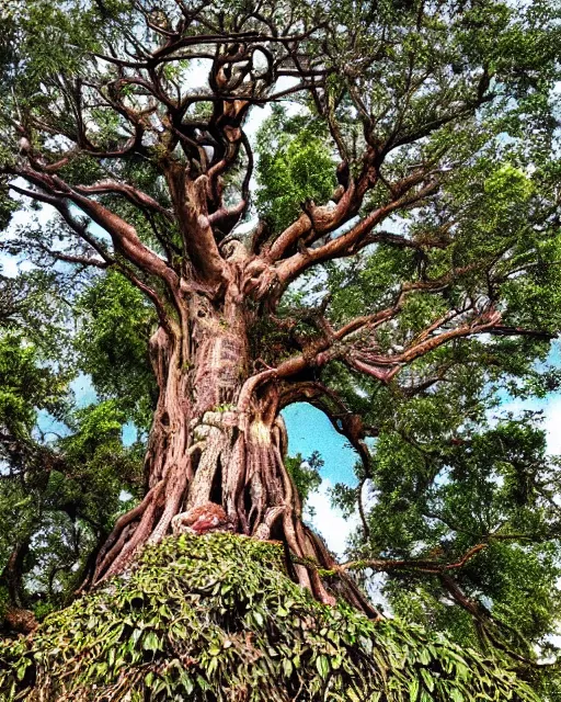 Image similar to a surreal yet plausible iphone photo of an ancient tall tree with multiple kinds of hybrid fruits and vegetables growing from it, SCP-777 the ultimate chimera tree of cornucopia, CGSociety, by James Gurney