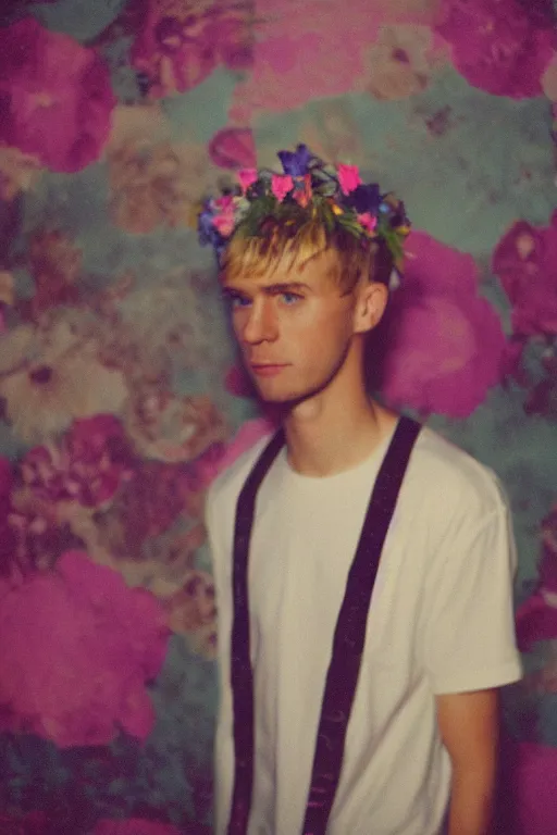 Image similar to agfa vista 4 0 0 photograph of a skinny blonde guy standing in a cluttered 9 0 s bedroom, flower crown, back view, grain, moody lighting, moody vibe, telephoto, 9 0 s vibe, blurry background, vaporwave colors!, faded!,