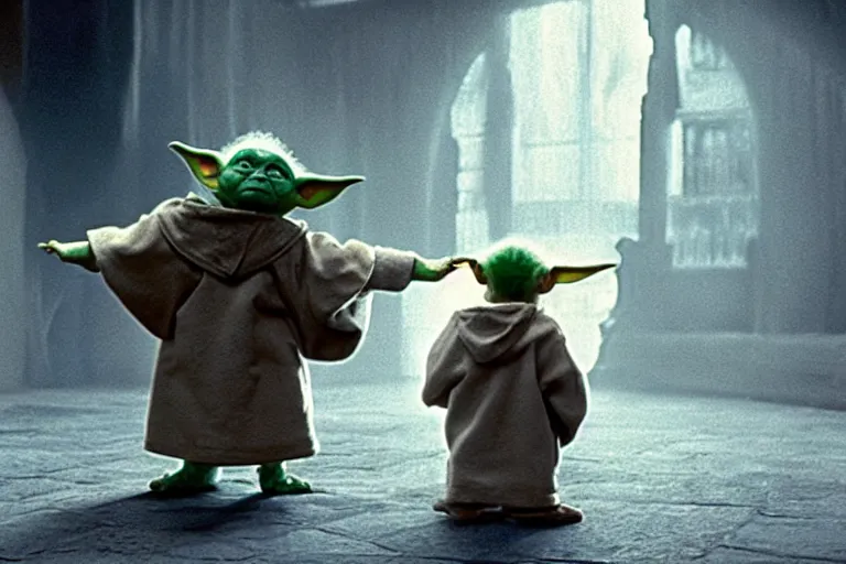 Prompt: promotional image of Baby Yoda (viewed from behind) standing in front of the Mirror of Erised in Harry Potter and the Philosopher's Stone (2001), movie still frame, promotional image, imax 70 mm footage