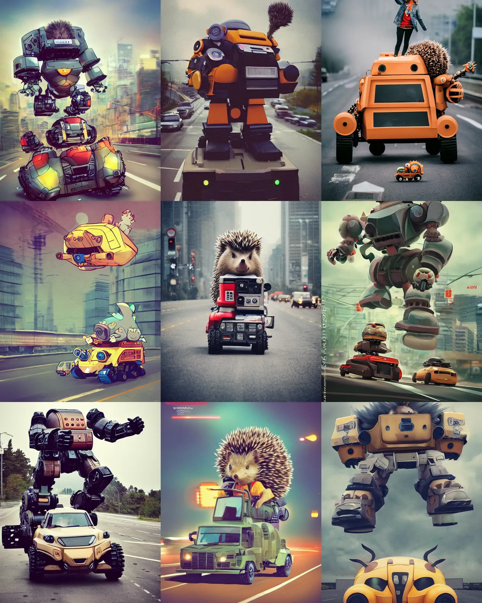 Prompt: epic pose!!! giant oversized battle hedgehog robot wacky chubby war mech winnning sport cute vehicle! double decker with giant oversized hair and hedgehog babies ,on busy freeway , full body , Cinematic focus, Polaroid photo, vintage , neutral dull colors, soft lights, foggy mist , bokeh lights ,telephoto 400mm, by oleg oprisco , by thomas peschak, by discovery channel, by victor enrich , by gregory crewdson