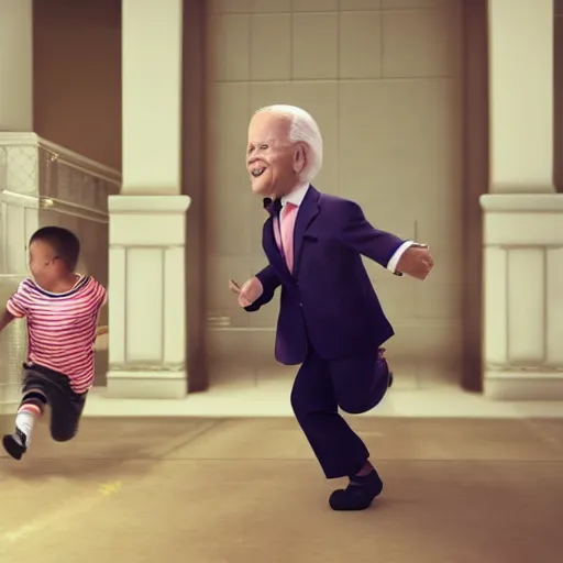 Image similar to joe biden chasing a child in the backrooms, hyper - realistic, 4 k, octane - render, realistic.