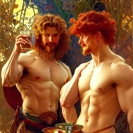 Image similar to attractive muscular mike with ginger hair and muscular attractive ty with brunet hair, drinking their hearts out, in their noble house. highly detailed painting by gaston bussiere, craig mullins, j. c. leyendecker, alphonse mucha 8 k