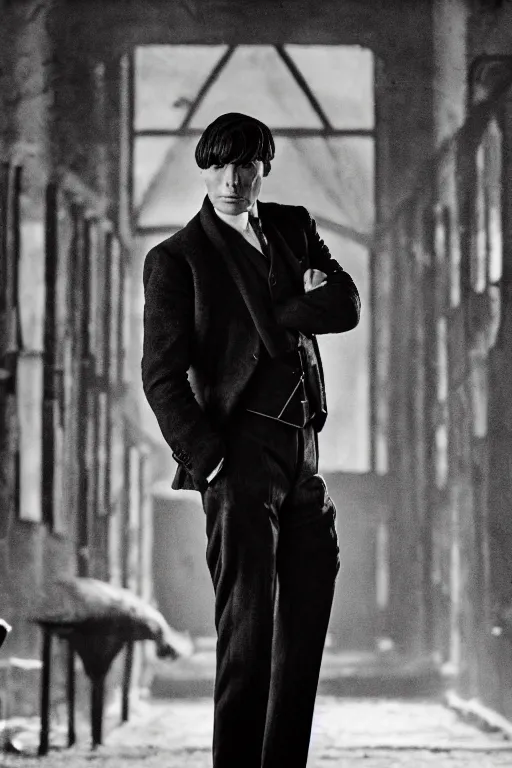 Prompt: Black and white Full-body portrait of Cillian Murphy in Peaky Blinders standing, arms crossed, dramatic, gloomy, dark