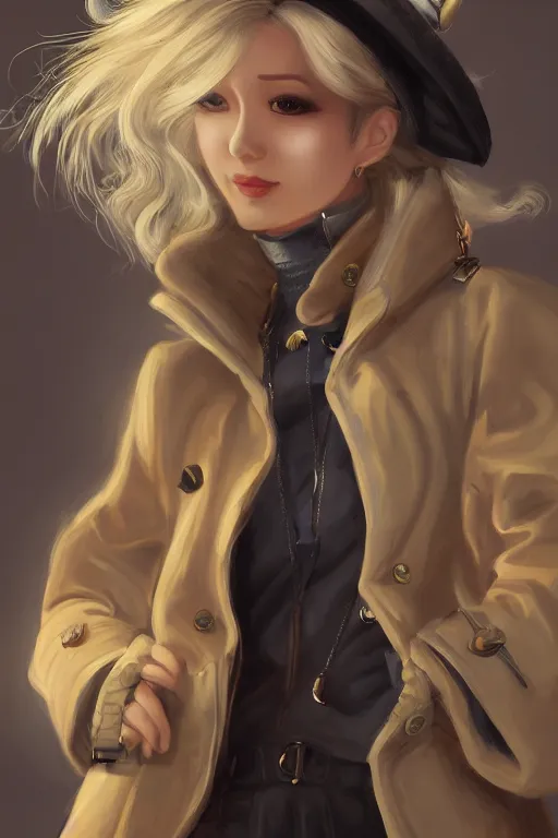 Prompt: a detective woman with blonde hair wearing a coat, a detailed painting by pu hua, trending on artstation, steampunk art, artstation hd, detailed painting, anime aesthetic