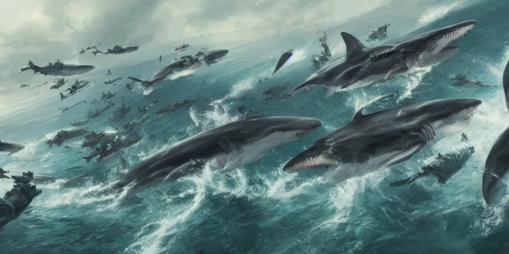 Image similar to a hyper detailed matte illustration of a shiver of sharks attacking a battleship, concept art, 8 k, artstation, art by greg rutkowski and michael bay