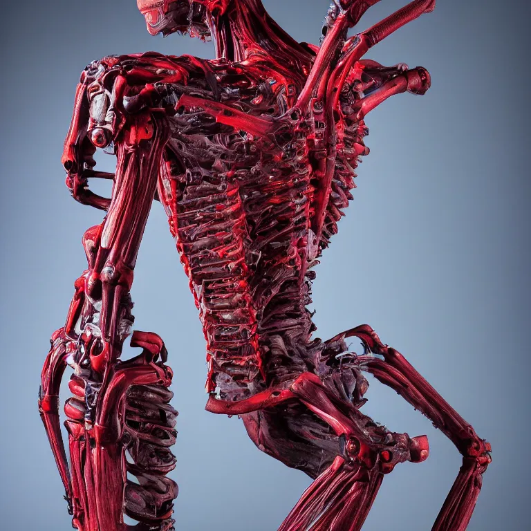 Prompt: Hyperdetailed photograph of a quadrapedal biomechanical alien exoskeleton. dark backdrop, single point red-tinted lighting, Sigma 50mm, f/2.8, ISO 400, H.R Giger
